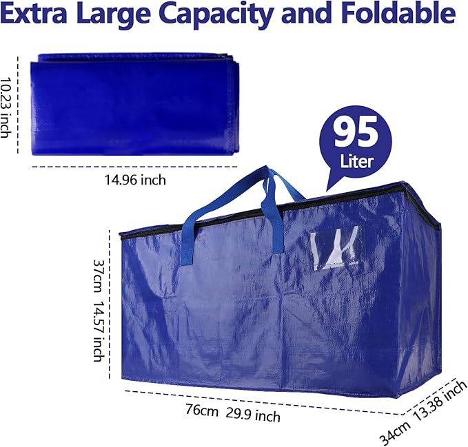 4 Pack Real 100lb Capacity Heavy Duty Moving Bags with Strong Zippers and Reinforced Handles, Extra Large Storage Totes for Packing & Moving Storing, Space Saving Alternative to Moving Boxes-95L,Blue