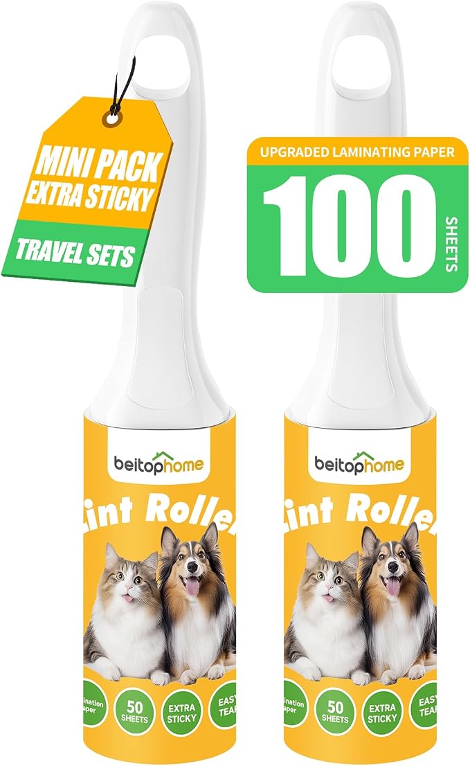 Mini Lint Roller 2 Pack for Pet Hair, 100 Sheets Total | Travel-Size Rollers for Purse, Car, Office, Luggage & Home