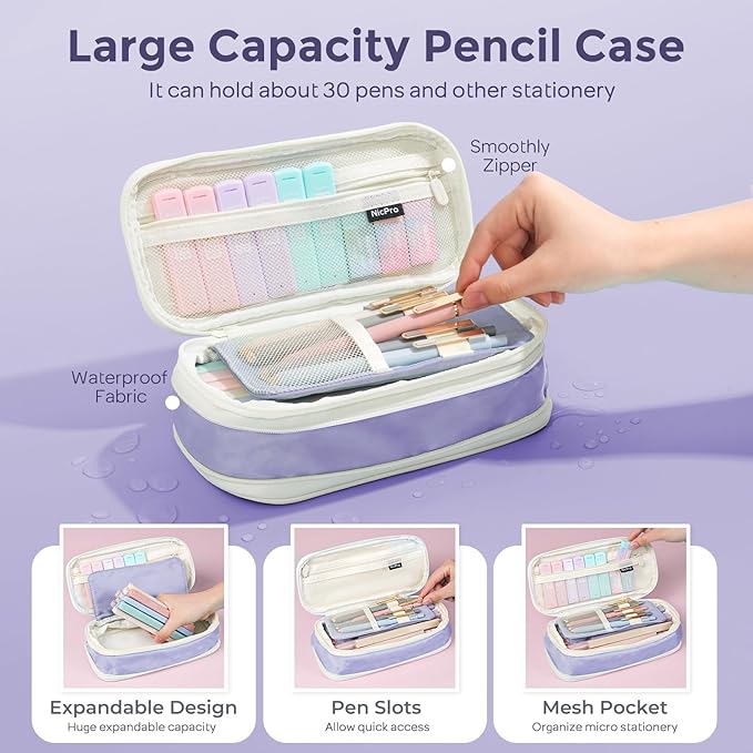 Nicpro 39 PCS Aesthetic School Supplies with Cute Purple Pencil Case, 12 Pastel Highlighters, 5 Quick Dry Black Ink Pens, 6 Mechanical Pencil 0.5 & 0.7mm for Girl Student Stationary College Essentials