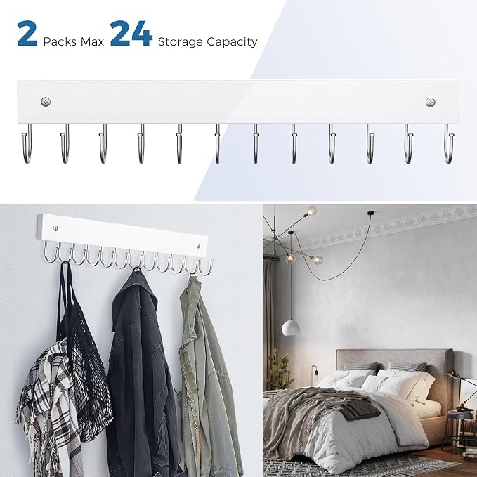 Belt Hanger Wall Mounted, Wooden Coat Rack Belt Organizer 2 Pack Max 24 Storage Capacity, 180° Rotating Space Saving Hangers for Ties, Tank Tops, Scarves, Bras, Keys, Bags White