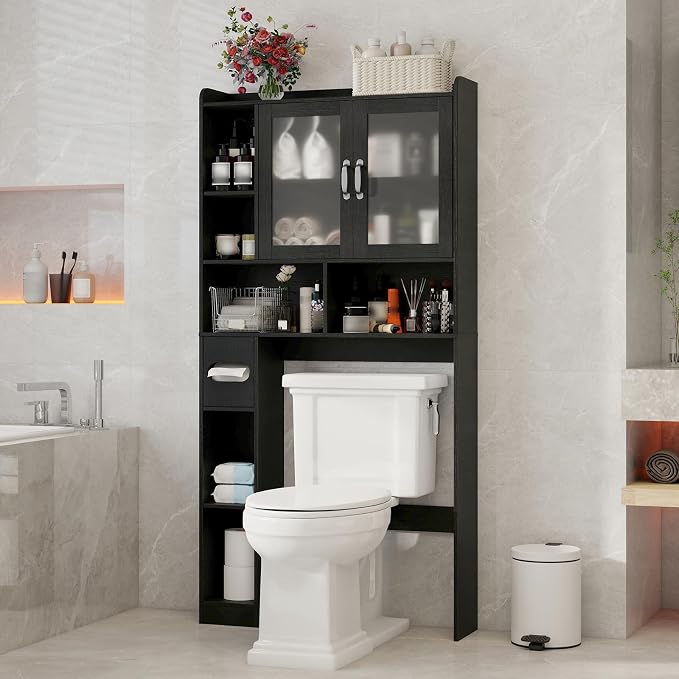 Vabches Over The Toilet Storage Cabinet, Farmhouse Storage Cabinet Over Toilet with Acrylic Doors，Home Space-Saving Toilet Rack, for Bathroom, Restroom, Laundry (Black)