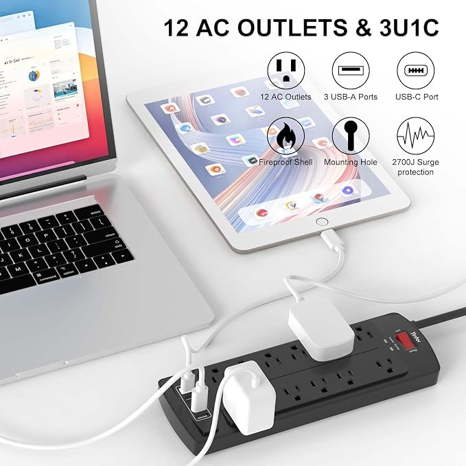 10 Feet Extension Cord Power Strip, Yintar Surge Protector with 12 AC Outlets and 4 USB Ports, 2700 Joules, ETL Listed, Black