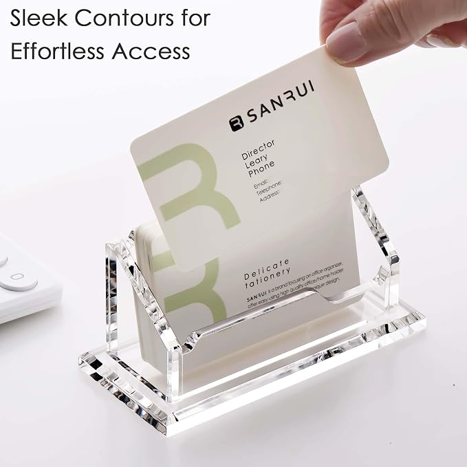 SANRUI 2 Pack Acrylic Business Card Holders for Desk, Premium 5mm Thick Clear Card Display Stand, Professional Horizontal Desktop Card Organizer for Office & Reception, Holds Up to 60 Cards