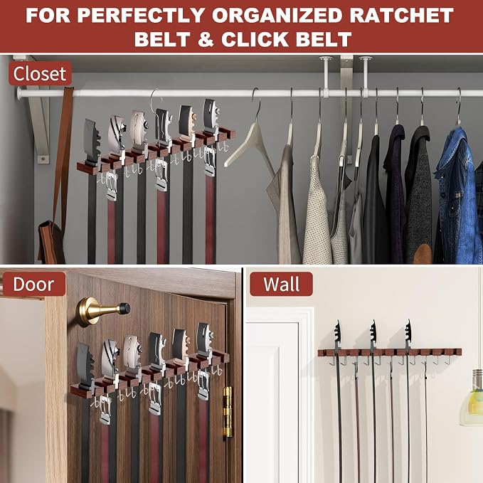 Cuipingoo Belt Hanger for Closet Max 42 Belts, 2-in-1 Wall Mount Belt Organizer with 360° Rotating Hooks, Wooden Tie and Belt Rack for Closet Accessories Organizers and Storage, Walnut Wood
