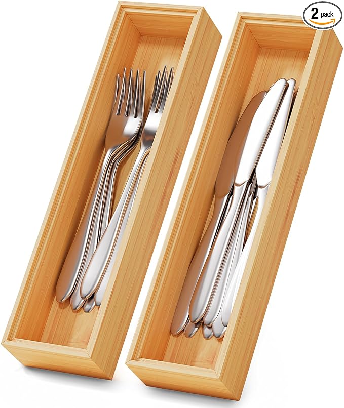 Bamboo Kitchen Drawer Organizer Boxes 12" x 3" Stackable Wooden Organizers | Set of 2 Wood Silverware Utensil Tray for Drawers Bins, Cutlery & Flatware Storage for Junk Drawer, Bathroom, RV