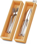 Bamboo Kitchen Drawer Organizer Boxes 12" x 3" Stackable Wooden Organizers | Set of 2 Wood Silverware Utensil Tray for Drawers Bins, Cutlery & Flatware Storage for Junk Drawer, Bathroom, RV