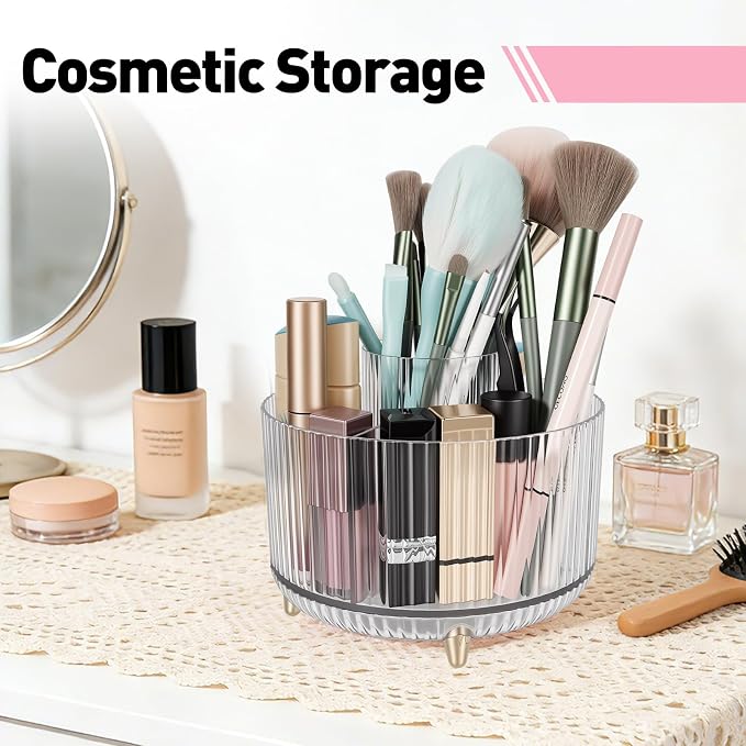 360 Rotating Pen Pencil Holder for Desk, Pen Organizer with 5 Slots, Makeup Brush Holder, Desk Organizer and Accessories, Cute Pencil Cup Caddy for Office School Home Decor Art Supply (Clear)