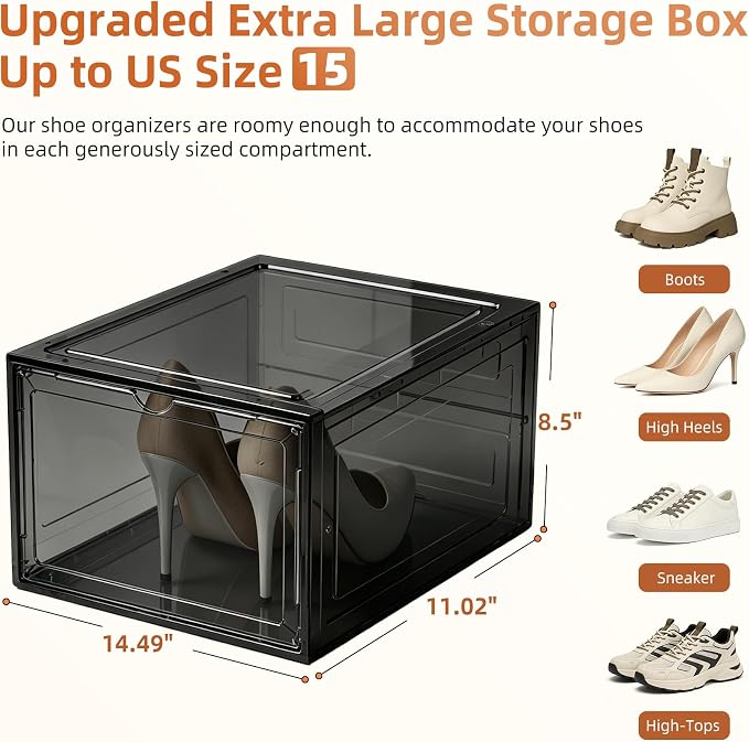 KEFA XL Shoe Storage Box, 8 PACK Shoe Boxes Clear Plastc Stackable Organizer, Clear Plastic Shoe Boxes Fit for US 15 (8 PACK GRAY)