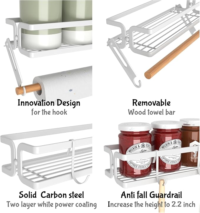 3 Pack Spice Rack Wall Mount, White | Paper Towel Holder and Hooks, Screw or Adhesive Hanging, Space Saving, For Stove, Cabinet, Pantry
