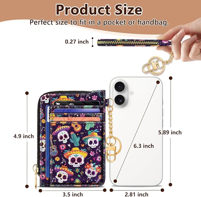 GIANCOMICS Slim Wallet Credit Card Holder Women, Sugar Skull Rfid Blocking Small Card Case, Keychain Thin Pocket Curved Zipper Wallet, Travel Card Holder PU Leather ID Window, Ladies Female Gifts