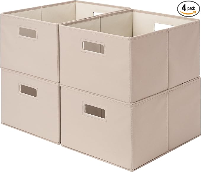 StorageWorks Fabric Storage Bins for Shelves, Closet Organizers and Storage Baskets, Collapsible Storage Bins with Cutout Handles, Large, 4-Pack, Light Brown