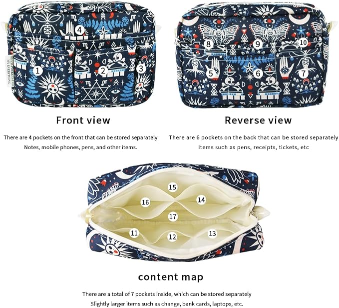 E-WEICHEN Multiple Pockets Portfolio Organizer with Zippered, Makeup Bag Travel Essentials for Women, Simple Waterproof Stationery Pencil Pouch Bag for Journal Office Art Supplies.Black Evil Eyes