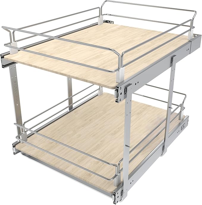 2 Tier Pull Out Cabinet Organizer 17.45" W X 22" D, Wood & Chromed | Full Slide Out Drawers For Kitchen Cabinets, Cabinets Capacity Heavy Duty Caddy, Cabinet Pullout Shelves , Pantry Storage
