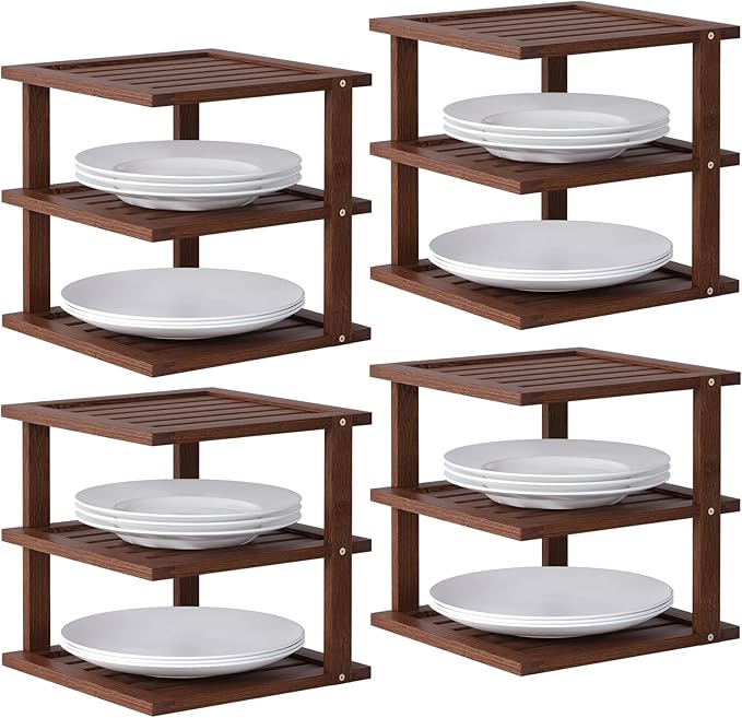 4 Pack Bamboo Corner Shelf,3 Tier Kitchen Cabinet Organizer for Plates and Dishes,Pantry Storage and Spice Rack（Brown）