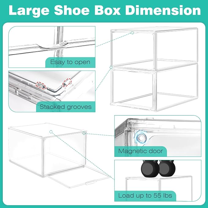 12 Pack Drop-Front Clear Shoe Box Acrylic Storage Box Shoe Organizer Size 13, Stackable Shoe Tower with Magnetic Door Large Storage Bins for Sneaker Containers Display & Closet Organization
