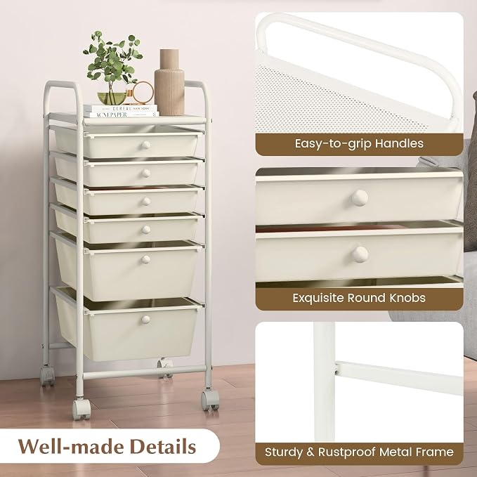 GOFLAME 6-Drawer Rolling Storage Cart, Multifunctional Art Supply Organizer Cart, Mobile Utility Storage Cart with Removable Drawers & Lockable Wheels, Craft Cart for Home Office, White
