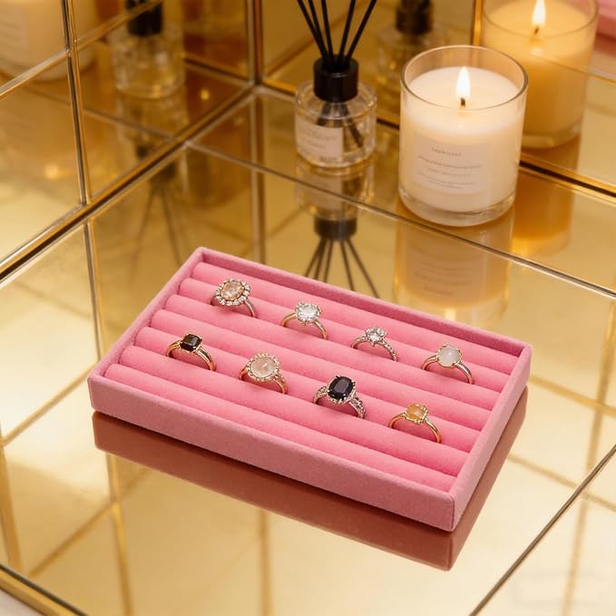 Velvet Jewelry Organizer Trays Pink Stackable Jewelry Storage Display Tray, 8 Rolls