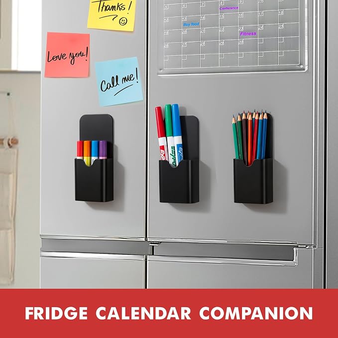 BEYGORM 4 Pack Magnetic Pen Holder for Whiteboard, Upgraded with a 1.5mm Thick Backing to Hold Dry Erase Markers. Ideal for Classroom, Office, Refrigerator, and Locker (Black)