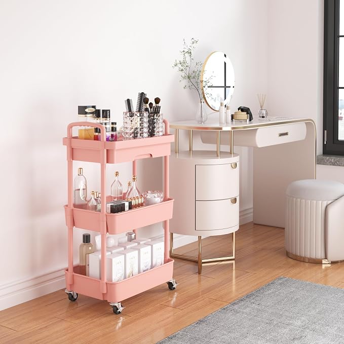 Calmootey 3-Tier Rolling Utility Cart with Drawer,Multifunctional Storage Organizer with Plastic Shelf & Metal Wheel,Storage Cart for Kitchen,Bathroom,Living Room,Office,Pink | Space-Saving Organizer, Sturdy Plastic Shelves, Smooth-Rolling Metal Wheels...
