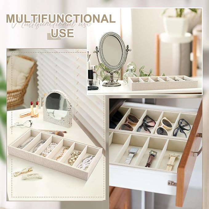 Juexica 4 Pcs Velvet Sunglasses Organizer Tray 6 Grid Sunglass Organizer Velvet Tray Stackable Glasses Display Case for Women Glasses Jewelry Display Watch (Linen)
