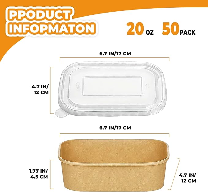 Kaderron 50 Pack 20 OZ Large Paper Bowls with Lids with Spoons and Forks, Heavy Duty Disposable Meal Prep Containers for Party, Soak-Proof and Microwave Safe for Hot/Cold Use