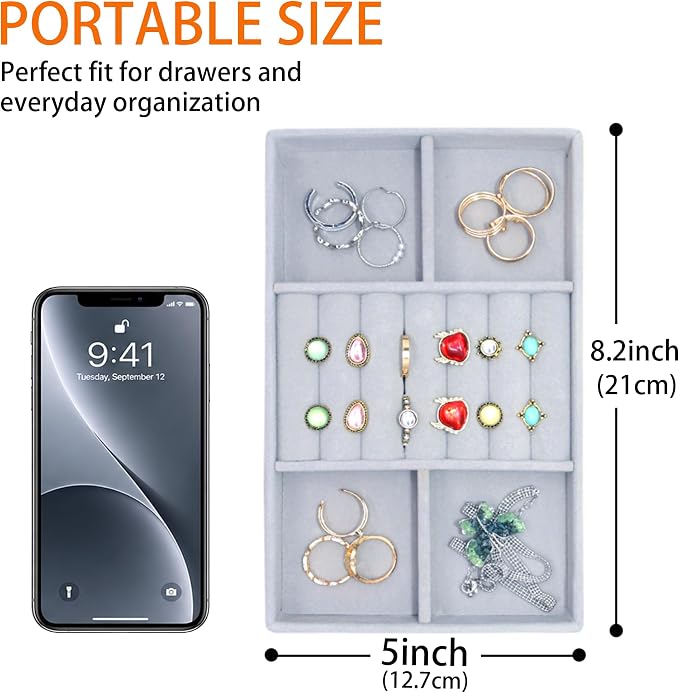 Jewelry Storage 8PACK, Velvet Jewelry Organizer Trays, 4PCS Stackable Jewelry Tray for Drawers, Grey Organizer for Rings, Earrings, Necklaces, Watches, Bracelets, Brooches