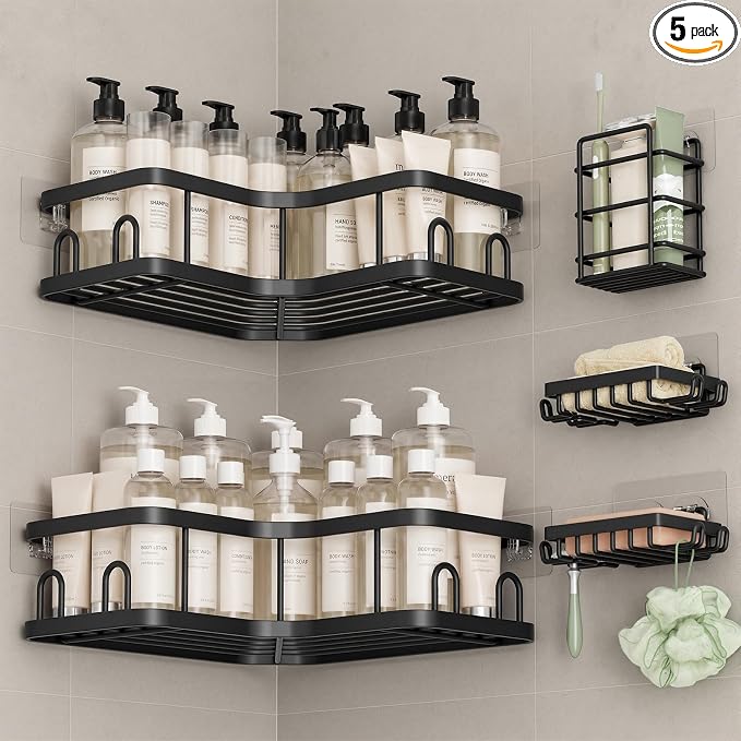 Veken Corner Shower Caddy 5-Pack, Advanced Rustproof Design, No Drilling Adhesive Shelves, Rack with Soap Holder, Large Capacity Bathroom Organizers and Storage, Wall-Mounted Kitchen&Home Decor,Black