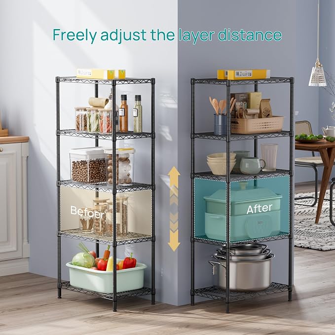 SINGAYE 5 Metal Shelves Wire Shelving Storage Shelf Adjustable Unit Pantry | 5 Tier Kitchen Laundry Room Organization Home Pantry Closet Bathroom Organizers Garage Rack 14" D x 24" W x 59.5" H Black