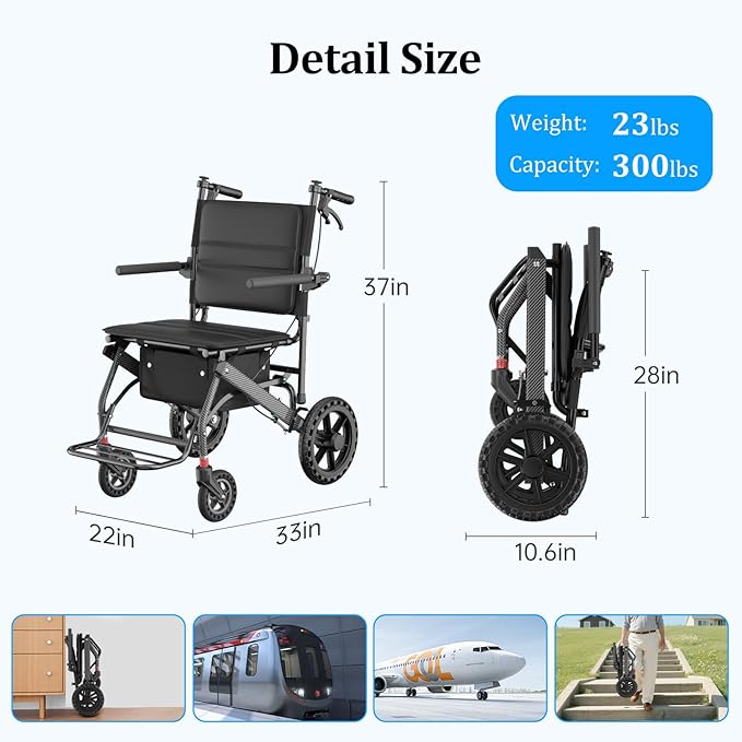 Nihhcune Foldable Wheelchair for Seniors, Ultra Lightweight Rolling Transport Chair with One-Hand Fold No Installation Portable Travel Wheelchair with Handbrake Seat Belt Storage Bag, 300lb Capacity