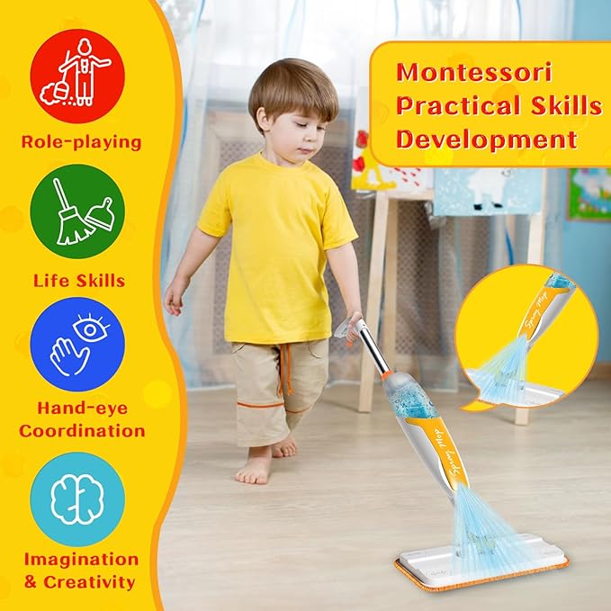 Kids Spray Mop Toy with 420ML Refillable Water Bottle, Montessori Toddler Cleaning Set for Real Floor Cleaning, Pretend Play Toy Housekeeping Kit with 2 Washable Microfiber Pads and Scraper, Orange