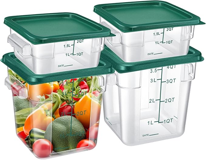 Barydat 4 Pcs Square Food Storage Containers with Lids Measurement Scales, 2qt & 4qt Clear Plastic Stackable Containers for Dough Proofing Baking Kitchen Restaurant and Pantry Organization(Green)