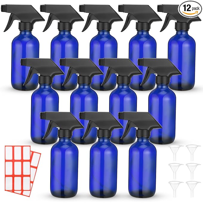 Norme 12 Pcs 8 oz Glass Spray Bottles with Funnels and Labels Refillable Cosmetic Empty Spray Bottles with Sprayer Containers for Essential Oil Cleaning Solutions(Blue,Classic)