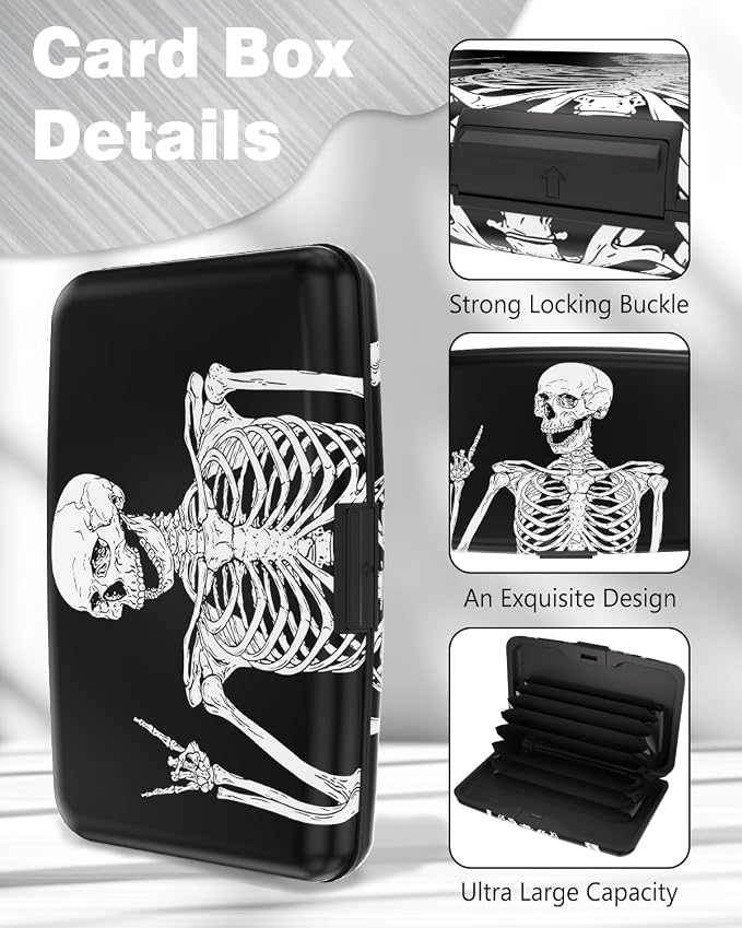 Maicican Credit Card Holder, Mini RFID Blocking Aluminum Wallet | Slim Metal Hard Case Travel Wallet ID Case for Women and Men, 4.3 x 2.9 Inches, Skull