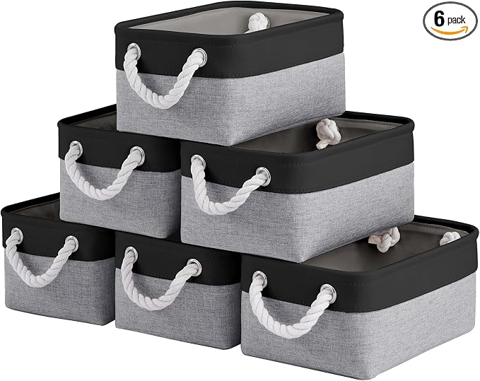 Storage Baskets for Shelves 11.8x7.9x5.2 Inch, Foldable Fabric Storage Bins with Handles, Small Storage Baskets for Organizing Closet, Office, Home Organization (6-Pack, Black&Gray)