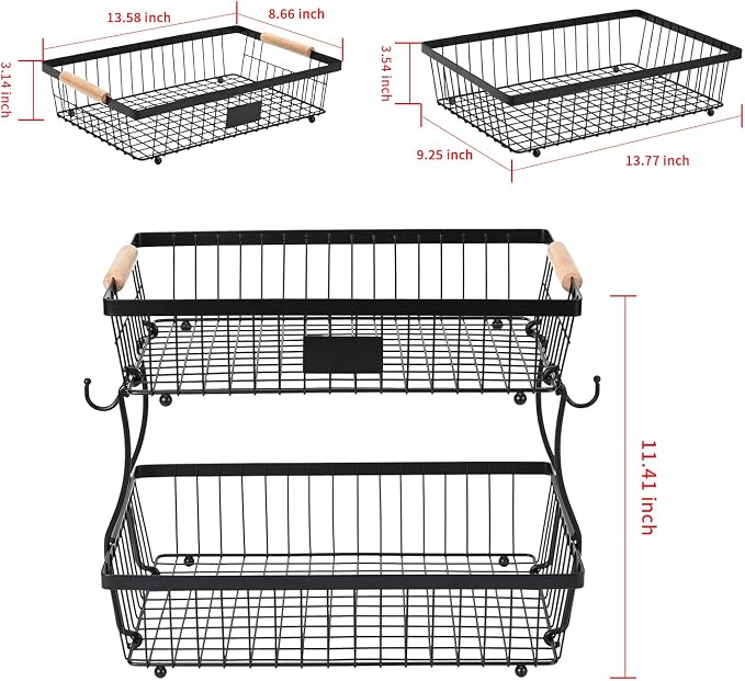Fruit Basket Bowl 2 Tier Detachable with 2 Banana Hangers, Fruit Stand Holder for Kitchen Countertop, Metal Wire Vegetable Storage Organizer, for Bread Snack Veggies Produce, Black