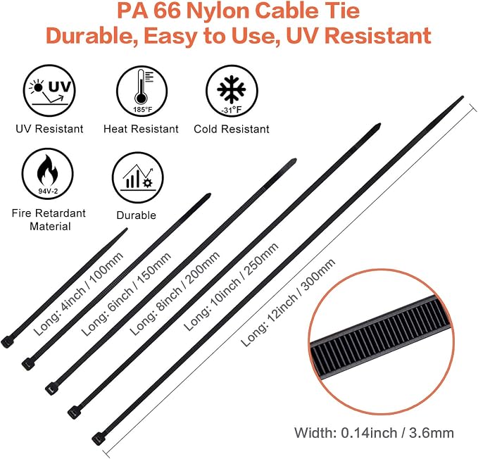 Zip Ties Assorted Sizes 700 Pack 4+6+8+10+12 Inch Cable Ties Heavy Duty 40lbs Plastic Wire Ties UV Resistant Zipties Black Small Zip Tie Wraps Assortment Cord Management for Home, Office, Gardening
