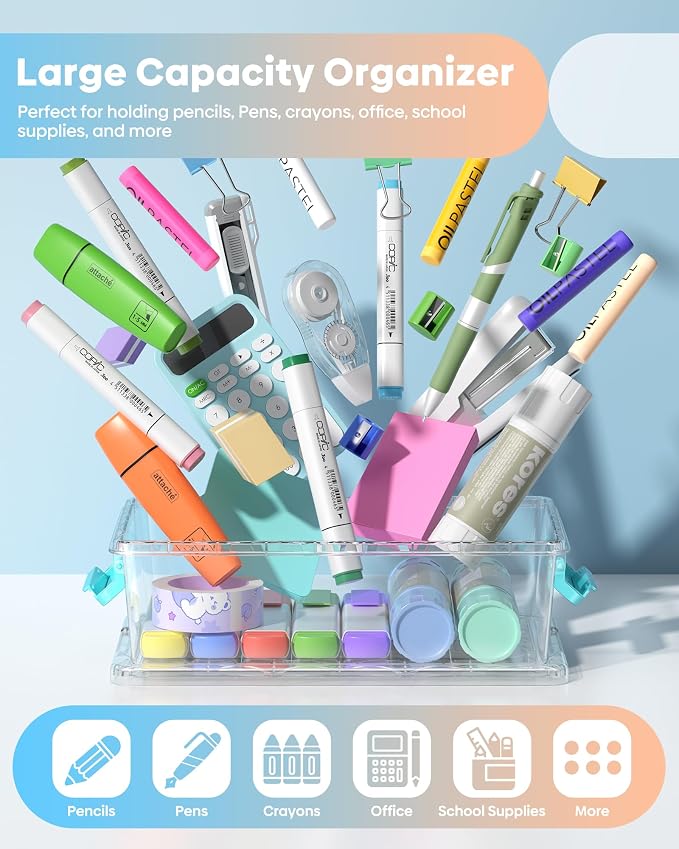 BiuLeon 8 Pack Large Pencil Box Set, Plastic Clear Pencil Case Marker Organizer, Crayon Box Craft Organizers, Stackable Storage Containers with Lid for Pen, Art and Craft Supplies(Color)