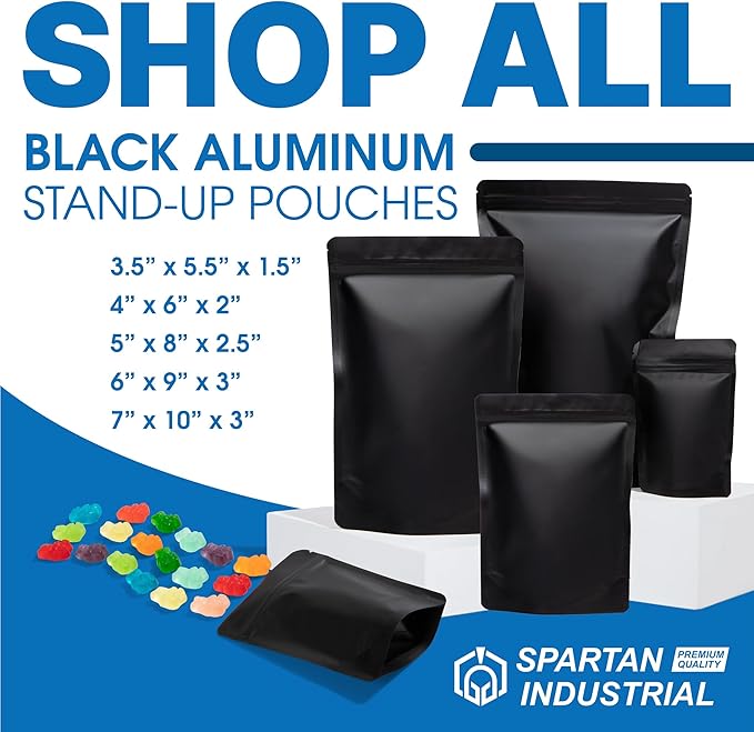 Spartan Industrial 7" X 10" Matte Black Stand-Up Pouches - 100 Count Smell-Proof Mylar Bags for Food Storage With Heat Sealable Opening and Resealable Zipper