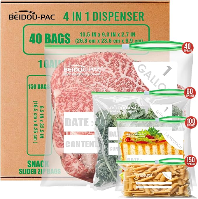 BEIDOU-PAC Combo Slider Storage Bags, 350 Count Resealable Variety Pack with Organizer, Reclosable Clear Plastic Snack, Sandwich, Quart,Gallon Size Bags (Variety Pack)