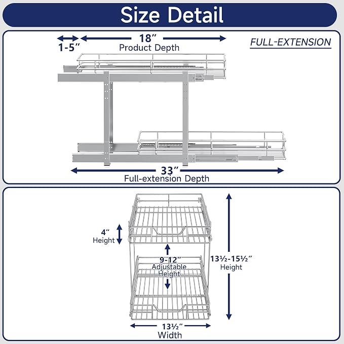 2-Tier Pull Out Cabinet Organizer, 13.5" W x 18" D, Heavy Duty Dual Slide Out Shelves for Base Cabinets, Chrome Wire Basket Drawer for Pantry, Kitchen & Bathroom Storage