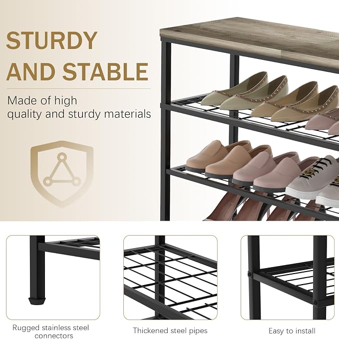 4-Tier Metal Shoe Rack with Wood Top - Durable & Space-Saving Shoe Organizer,Industrial Shoe Organizer Shelf Bench Storagefor Closet Entryway, Bedroom & Hallway - Gray + Black 28.5 W × 25.5" H