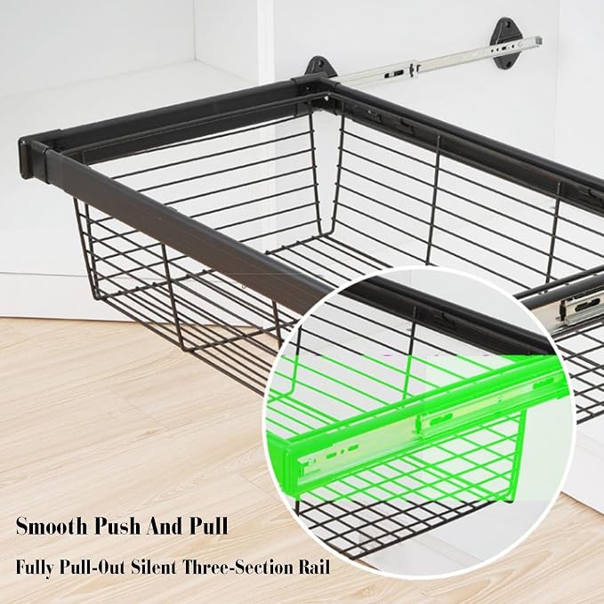 Pull-Out Clothes Storage Basket,Stainless Steel Stackable Shelf Baskets Organizer,Stackable Storage Bins,Adjusted Width for Bedroom Office Bathroom,White-30.31-32.28in