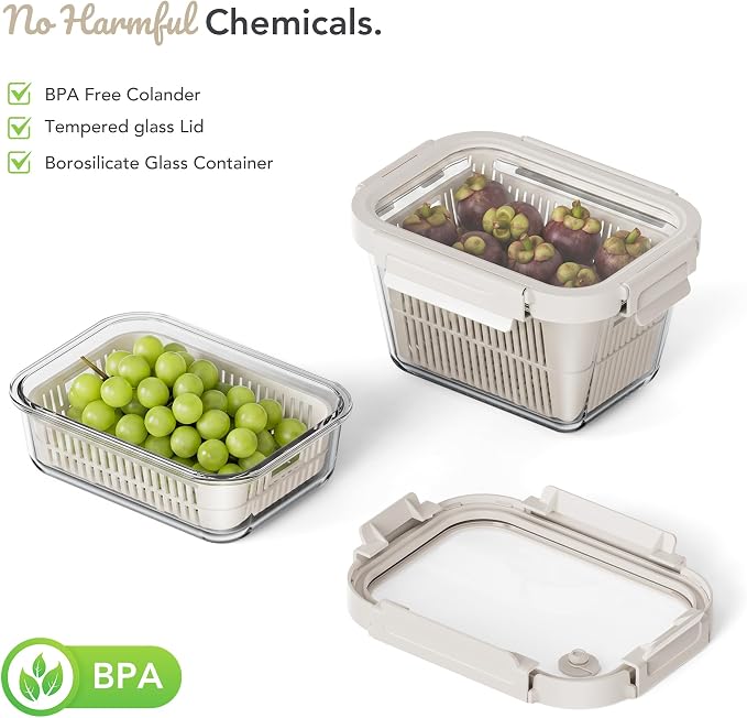 GENICOOK Glass Fruit Storage Containers for Fridge, 2 Pack Produce Containers with Removable Colanders & Vent Glass Lids, Airtight Fruit & Vegetable Storage, BPA Free Borosilicate Glass