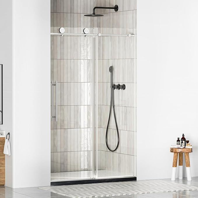 WinZo Frameless Sliding Shower Door 44-48 in W x 76 in H, Bathroom Shower Door with 5/16"(8mm) Clear Tempered Glass Shower Door, Silent Soft-Close Design, Brushed Nickel