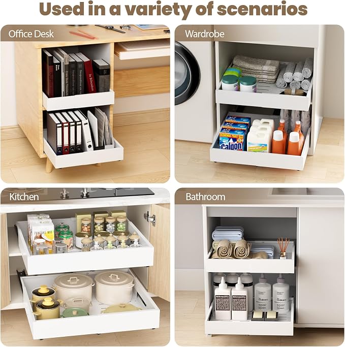 Dayacoco 2Pcs Dayacoco Pull Out Cabinet Organizer, Expandable Width (11.4"-19.4") and Depth (16.7"-21.4") With 3 Rails, Slide out Drawers for Kitchen Base Cabinet Organization, No Drill, White