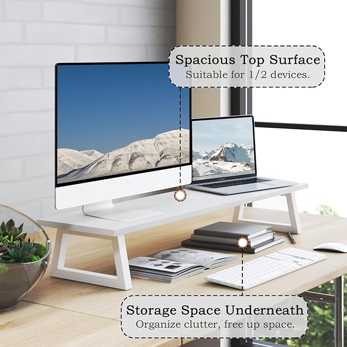 TEAMIX White Dual Monitor Stand Riser, 31.5 inch Long Stand, Desk Organizer | For Computer, Laptop, PC, Printer, Wood & Steel TV Stand, Holds 150lbs, Keyboard & PS5 Storage, For Home Office & Gaming