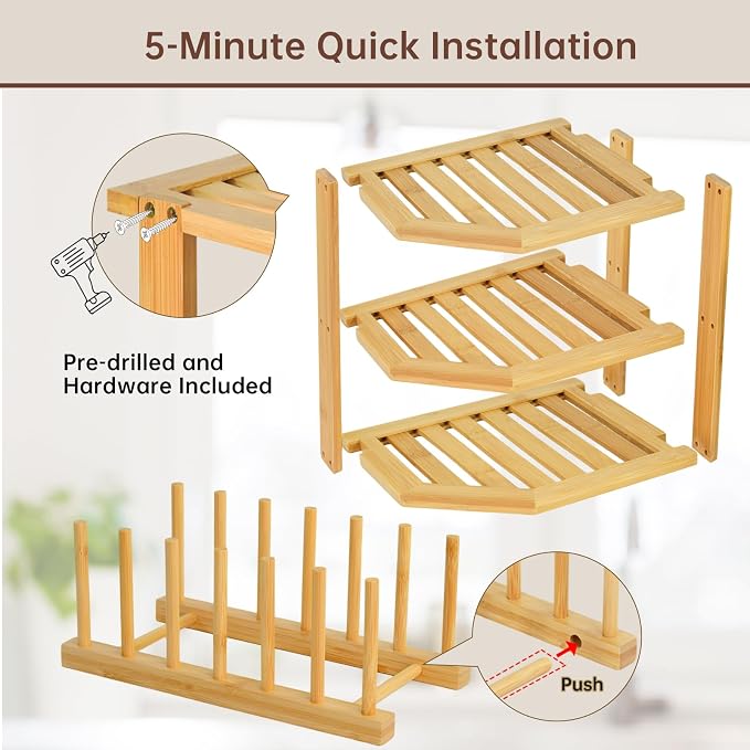 Bamboo Plate Organizer Set, 3 Tier Corner Shelf & Vertical Plate Rack,2 Set | Kitchen Cabinet Shelf,RV Countertop Dish Drying Rack,Cupboard Organizer for Plates,Bowls,Mugs,Cups,Lids,Cutting Boards