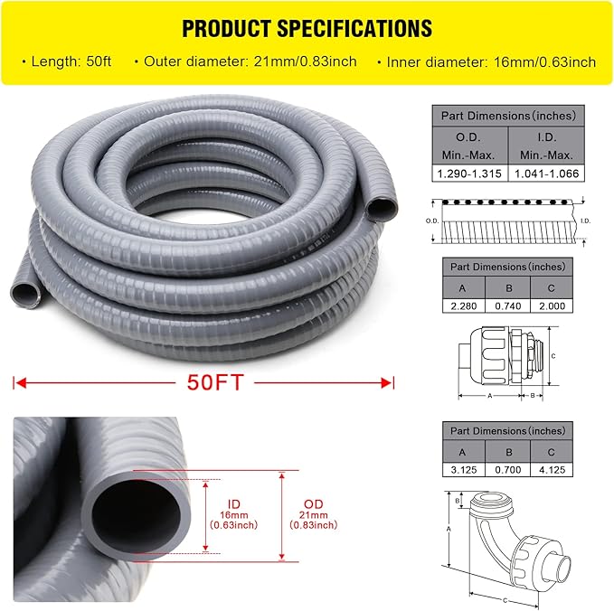 DWALE Liquid-Tight Conduit and Connector Kit,Flexible Non Metallic Liquid Tight Electrical Conduit,1/2inch 50ft Electrical Conduit Kit,with 8 Straight and 8 Angle Fittings Included,1/2 in. Dia