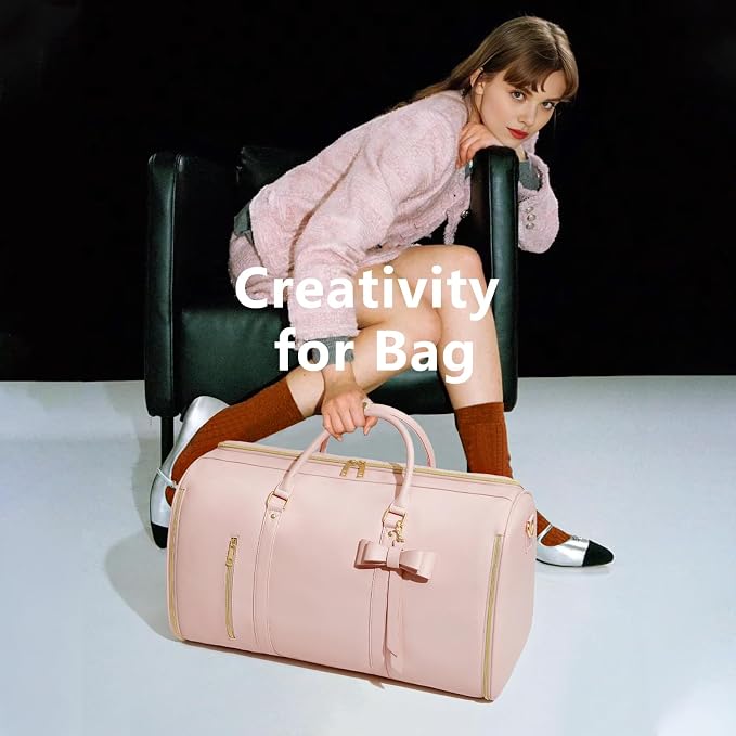 Garment Bags for Travel, Convertible Suit Travel Bag for Women, Fashion & Cute Carry On Garment Bag w/Shoes Pouch, 2 in 1 Foldable PU Leather Hanging Duffle Bag, Single-Zipper Design, Pink
