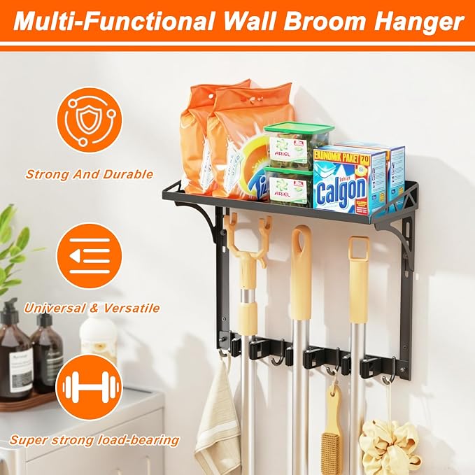 Broom Holder Wall Mount with Cleaning Supplies Organizer, Laundry Room Shelves with Mop Hanger Rack Gripper Hooks and Vacuum Organizer, Broom and Mop Organizer Wall Hanging for Home Garage Kitchen